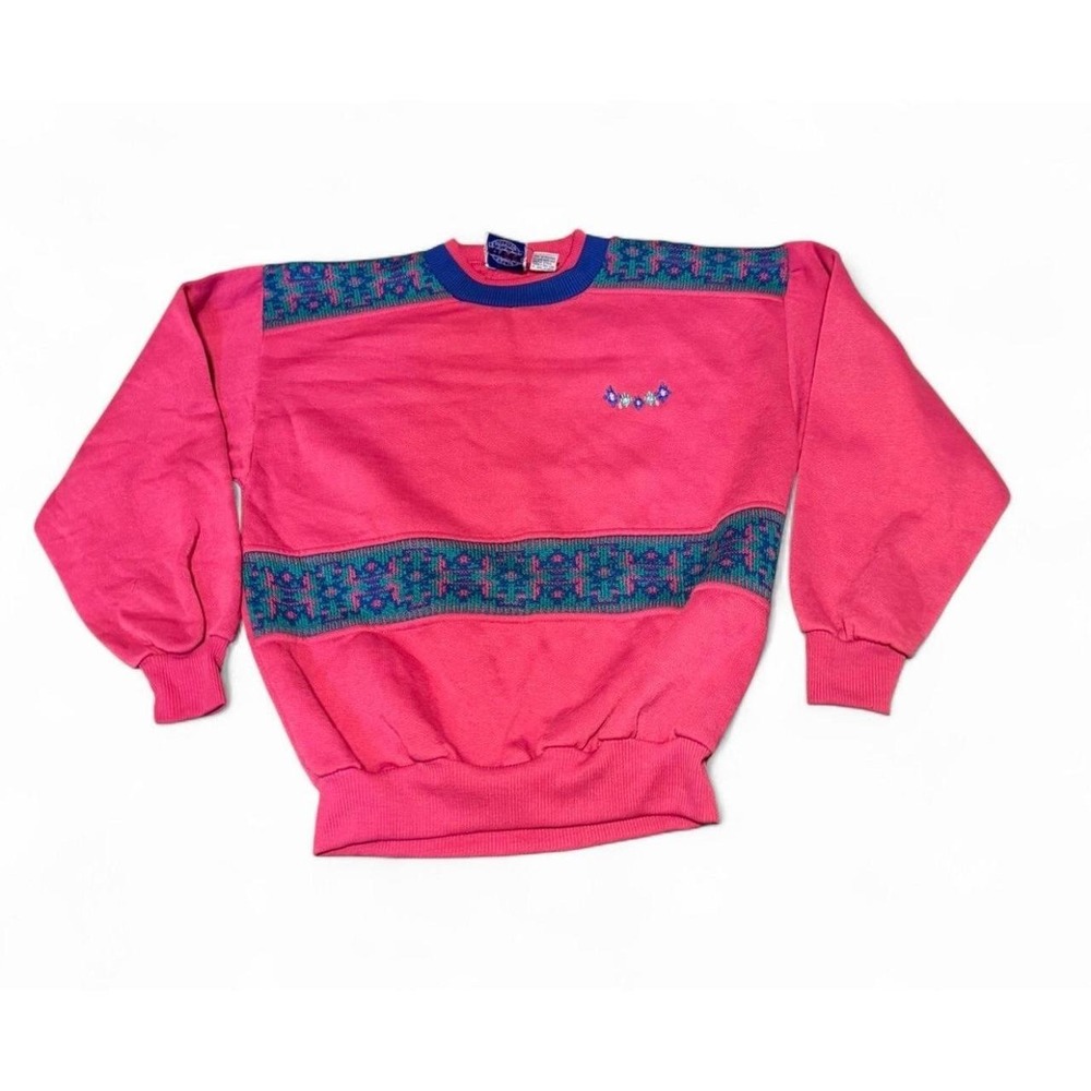 Vintage 80s Active Reef Sport Sweatshirt Womens M Pink Teal Geometric USA Style